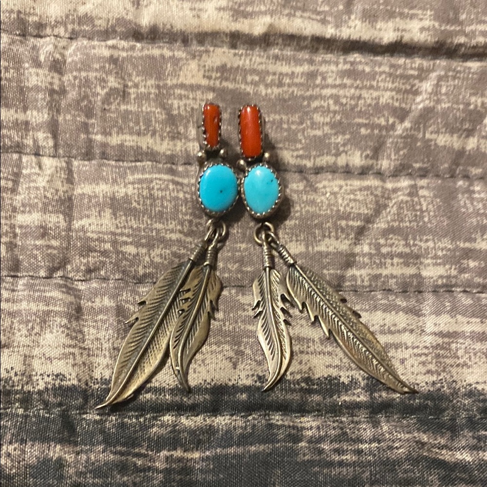 Turquoise and Coral Feather Earrings